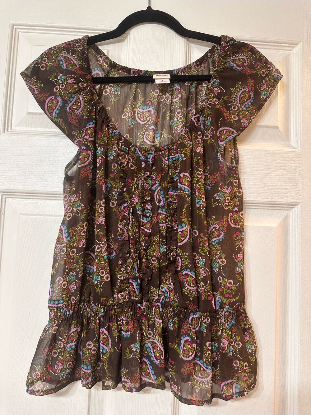 Women’s Paisley Ruffle Cap-Sleeve Top - Brown & Multicolor